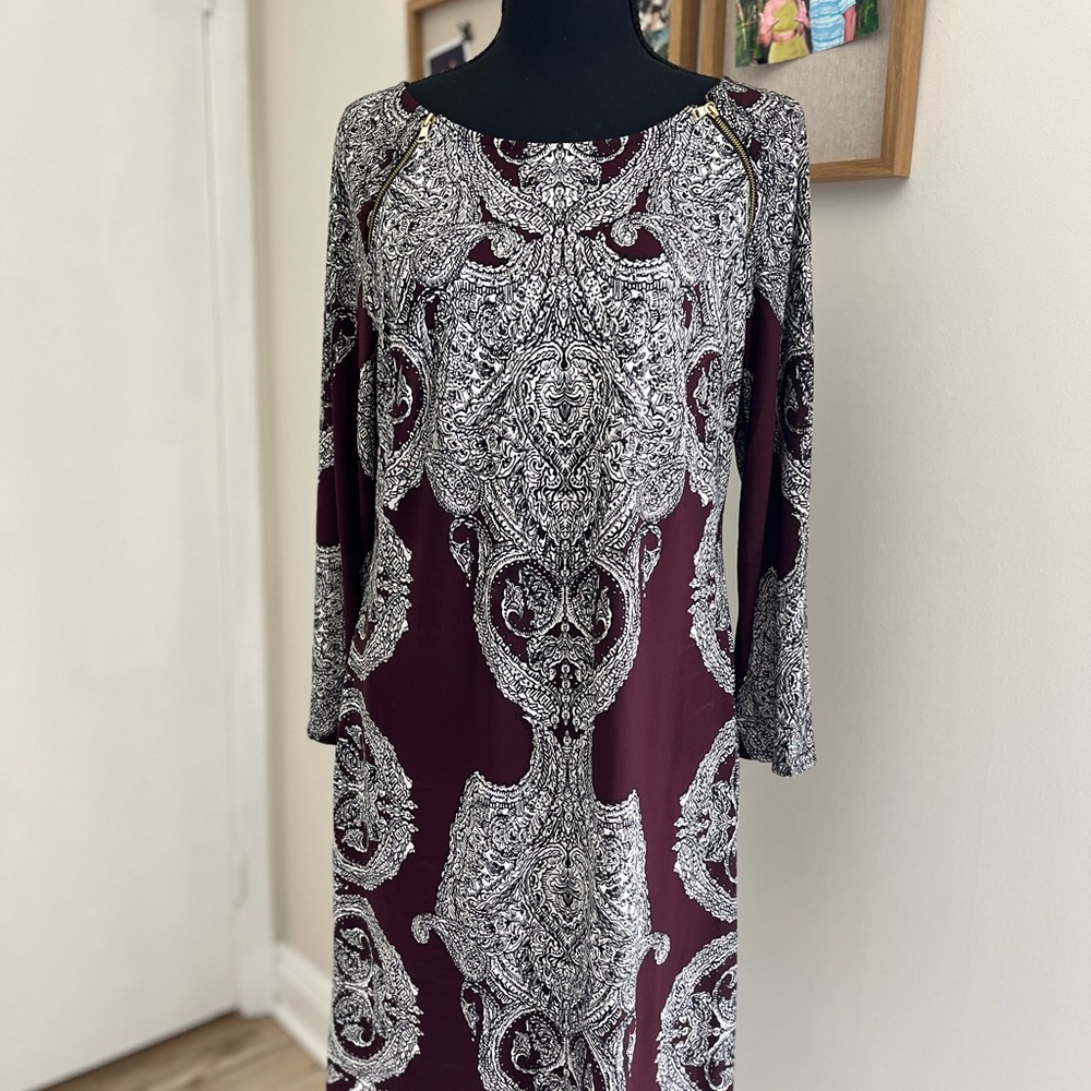 INC International Concepts Burgundy and White Long Sleeve Dress